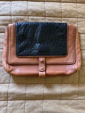 Leather Two-Tone Clutch Wristlet - Black and Brown